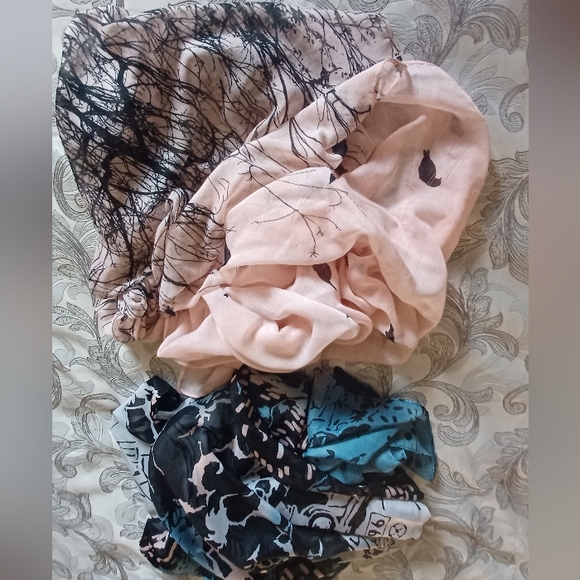 Set of 2 Sheer Large Scarves/Wraps - 1 Bird & Tree and 1 Train & Floral - Picture 3 of 8